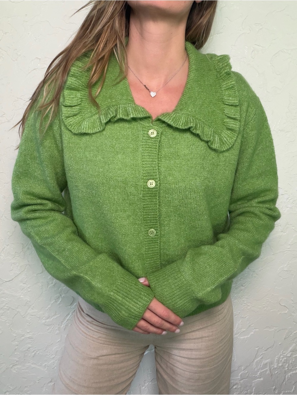 Anthropologie Light Green Ruffled Collar Button-Up Cardigan